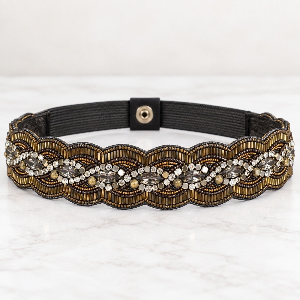 Anthropologie Beaded Rhinestone Elastic Waist Belt Women M Boho Artsy Elegant